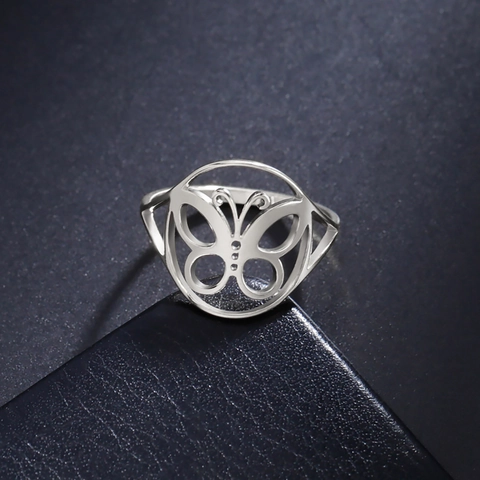 Anillo de Acero Inoxidable de Mariposa Hueca para Mujer Hombre Dorado Plateado Elegante Joyería Minimalista Anillo