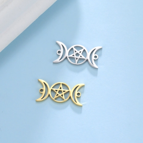 Stainless Steel Triple Moon Goddess Pentagram Pendant Electroplated Gold DIY Jewelry Making Mystic Pagan Accessories