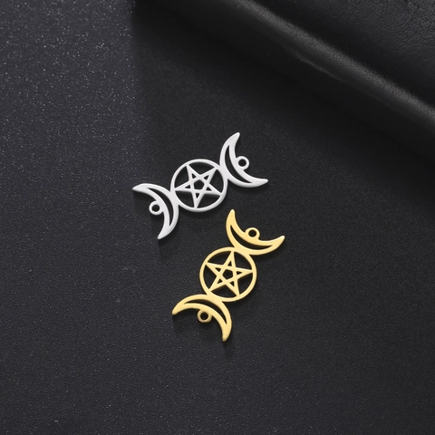 Stainless Steel Triple Moon Goddess Pentagram Pendant Electroplated Gold DIY Jewelry Making Mystic Pagan Accessories