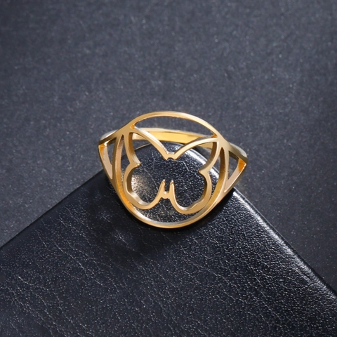 Anillo de Acero Inoxidable Minimalista con Mariposa Calada de Moda Oro Plata Geométrico Redondo para Mujer Joyería