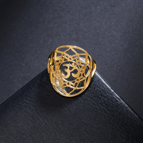 Stainless Steel Om Yoga Symbol Ring Hollow Mandala Flower 18K Gold Plated Spiritual Jewelry Ring For Women Men