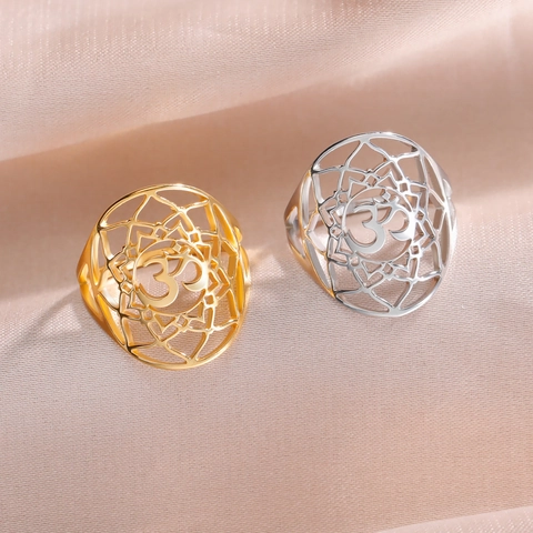 Stainless Steel Om Yoga Symbol Lotus Mandala Hollow Out Ring Spiritual Meditation Jewelry For Women Men Gift