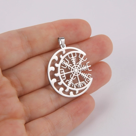 Ciondolo Vichingo Vegvisir Bussola Mezzaluna Traforata in Acciaio Inossidabile 304 Fascino Totem per Creazione Gioielli Fai da Te Accessori