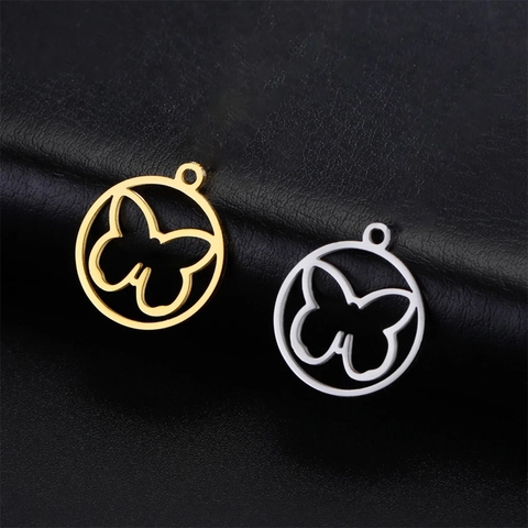 Pendentif Papillon Ajouré Rond en Acier Inoxydable Sans Chaîne Fabrication de Bijoux DIY Or Argent Charme Papillon Femme