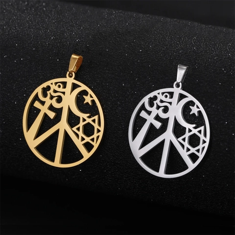 Stainless Steel Round Peace Sign Religious Symbol Pendant Only (Without Chain) Cross Hexagram Star Moon Om Charm For DIY Jewelry Making