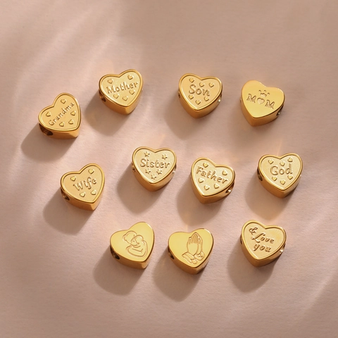 Stainless Steel Heart Charm Beads Family Series Mother Father Daughter Wife Pendants For DIY Jewelry Making Gift