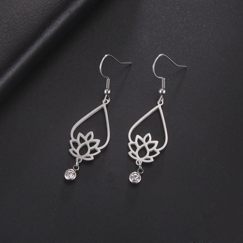 Stainless Steel Rhinestone Lotus Hollow Out Teardrop Pendant DIY Jewelry Making Connector For Necklace Earring Accessory