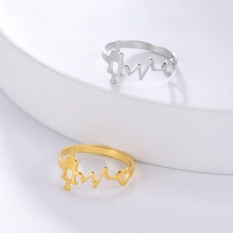 Stainless Steel Medical Ring Heart EKG Syringe Fashion Jewelry Hollow Nurse Doctor Gift Unisex Finger Ring