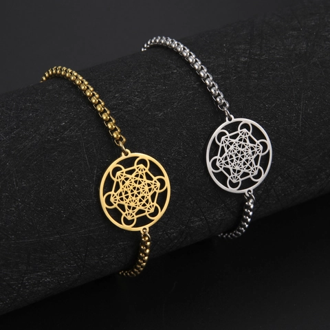 Bracelet en Acier Inoxydable Cube de Métatron Géométrie Sacrée pour Hommes Femmes Pendentif Rond Ajouré Corde Tissée Ajustable Chaîne de Boîte Bijoux Cadeau