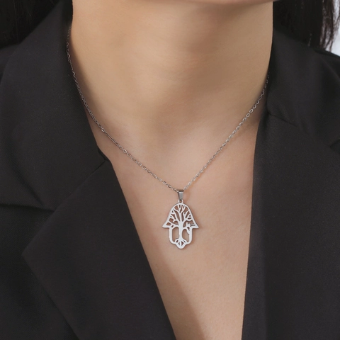Hamsa Hand Tree Of Life Pendant Necklace For Women Men Hollowed Out Stainless Steel Lucky Protection Jewelry Gold Silver