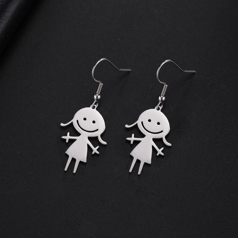 Cute Cartoon Girl Stainless Steel Drop Earrings Smiley Face Braids Dangle Earrings For Women Teen Daily Jewelry Gift