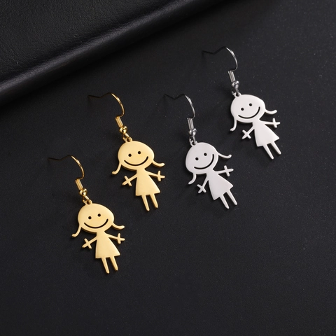 Cute Cartoon Girl Stainless Steel Drop Earrings Smiley Face Braids Dangle Earrings For Women Teen Daily Jewelry Gift