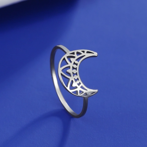 Retro Stainless Steel Crescent Moon Ring For Women Hollow Out Mandala Pattern Lotus Flower Wedding Party Jewelry Gift