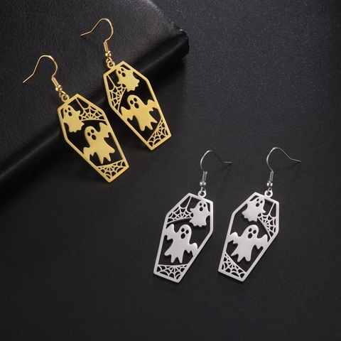 Gothic Stainless Steel Coffin Ghost Dangle Earrings Hollow Spider Web Halloween Jewelry For Women Dark Style Accessory