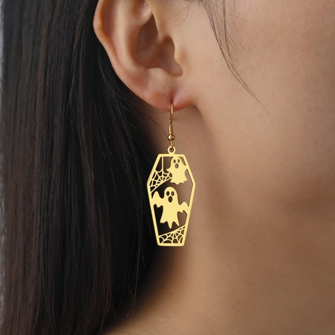 Gothic Stainless Steel Coffin Ghost Dangle Earrings Hollow Spider Web Halloween Jewelry For Women Dark Style Accessory