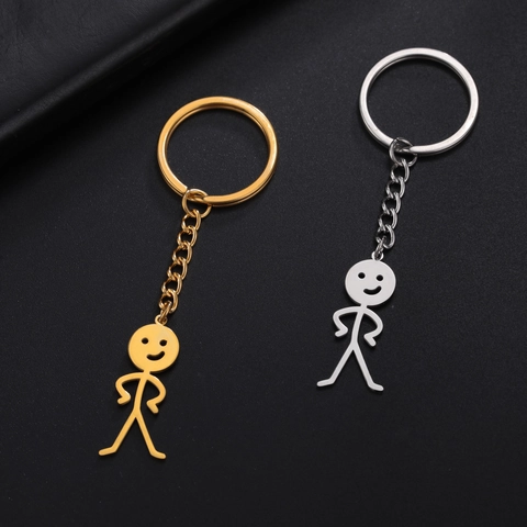 Porte-clés Drôle de Bonhomme Allumette Souriant Minimaliste en Acier Inoxydable Pendentif Dessin Animé pour Hommes Femmes Cadeau Bijoux