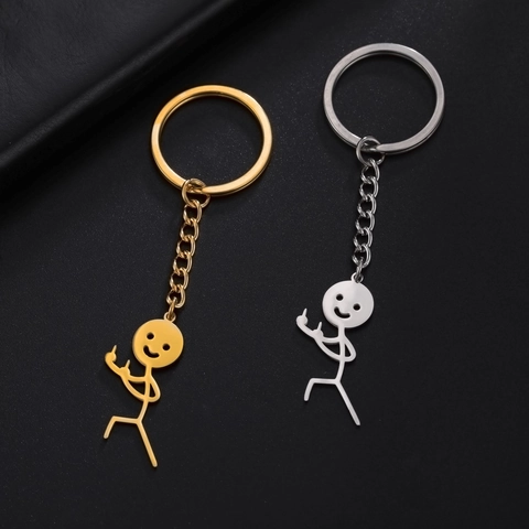 Portachiavi Stickman Umoristico con Dito Medio in Acciaio al Titanio Ciondolo con Gesto Creativo per Decorazione Borsa Auto