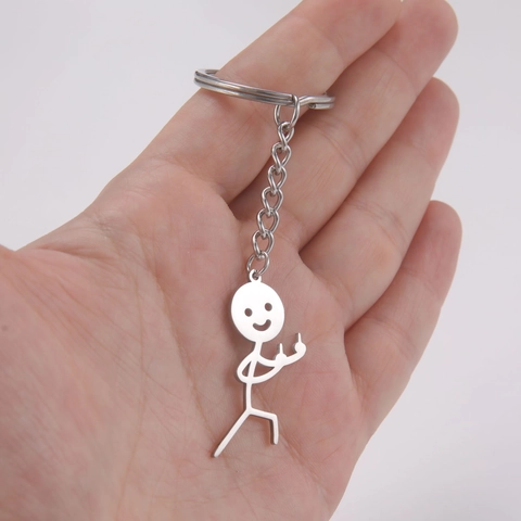 Portachiavi in Acciaio Inossidabile con Omino a Stecco e Dito Medio Divertente per Uomo Donna Punk Ciondolo Personalizzato