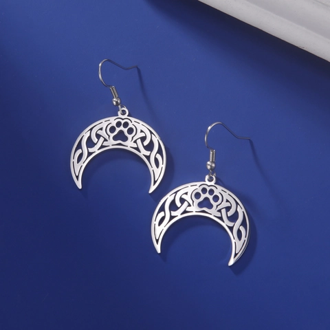Crescent Moon Paw Print Hollow Out Stainless Steel Earrings Vintage Celtic Knot Drop Earrings For Women Fashion Jewelry