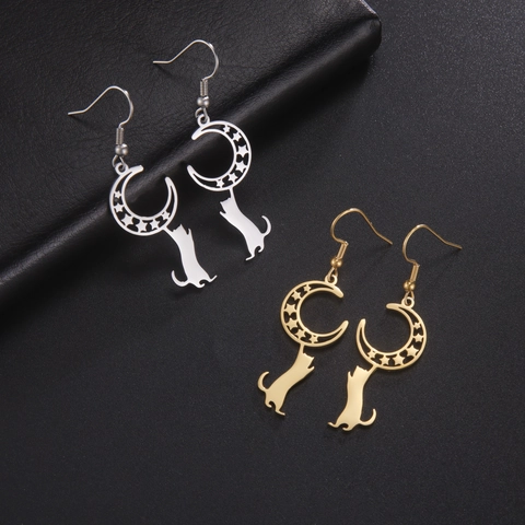 Stainless Steel Cute Cat Moon Star Dangle Earrings For Women Celestial Animal Silhouette Hollow Drop Earrings Jewelry Gift