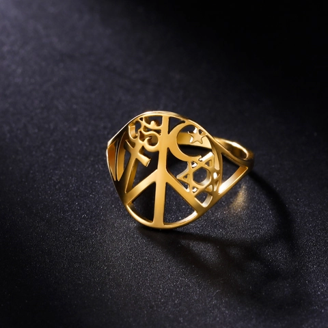 Hollow Out Stainless Steel Ring With Peace Sign Cross Om Star Of David Crescent Moon Religious Symbols Minimalist Jewelry