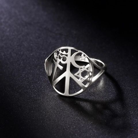 Hollow Out Stainless Steel Ring With Peace Sign Cross Om Star Of David Crescent Moon Religious Symbols Minimalist Jewelry