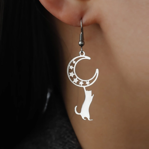 Stainless Steel Cute Cat Moon Star Dangle Earrings For Women Celestial Animal Silhouette Hollow Drop Earrings Jewelry Gift