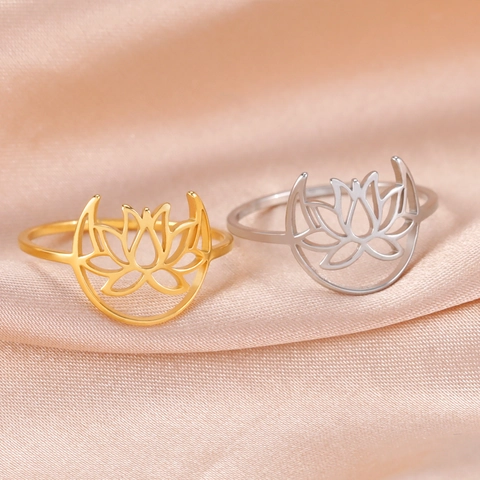 Stainless Steel Lotus Flower Crescent Moon Ring For Women Hollow Bohemian Minimalist Zen Jewelry Finger Ring Birthday Gift