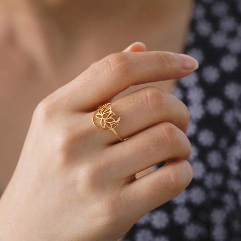 Stainless Steel Lotus Flower Crescent Moon Ring For Women Hollow Bohemian Minimalist Zen Jewelry Finger Ring Birthday Gift