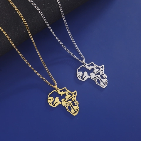 Stainless Steel Africa Map Pendant Necklace For Women Men Hollow Animal Lion Elephant Silhouette Retro Ethnic Hip Hop Jewelry