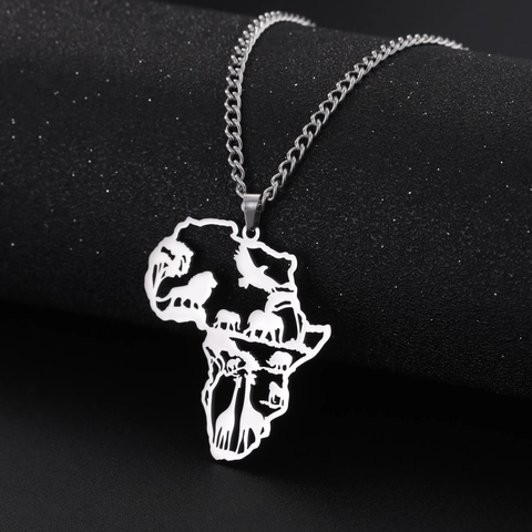 Stainless Steel Africa Map Pendant Necklace For Women Men Hollow Animal Lion Elephant Silhouette Retro Ethnic Hip Hop Jewelry
