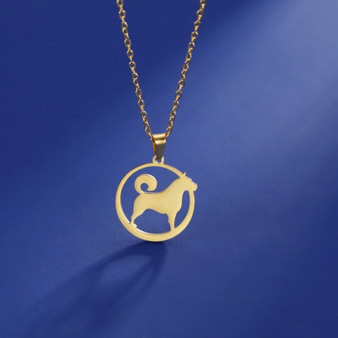 Stainless Steel Dog Silhouette Pendant Necklace Hollow Round Shiba Inu Puppy Necklace For Women Men Pet Lovers Gift