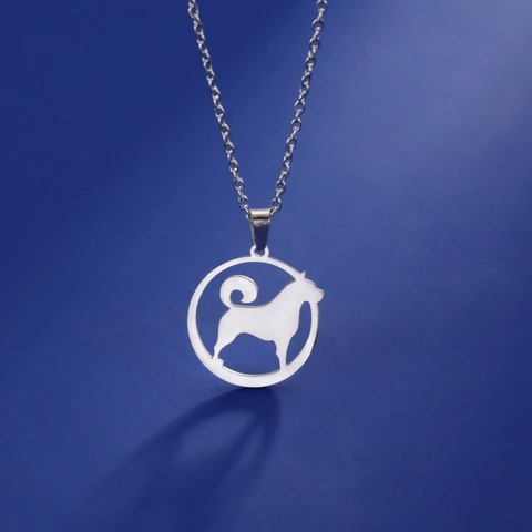 Stainless Steel Dog Silhouette Pendant Necklace Hollow Round Shiba Inu Puppy Necklace For Women Men Pet Lovers Gift