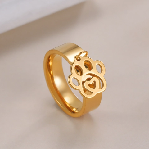 Minimalist Stainless Steel Paw Print Ring For Women Gold Silver Plated Heart Hollow Dangling Pendant Animal Jewelry Gift