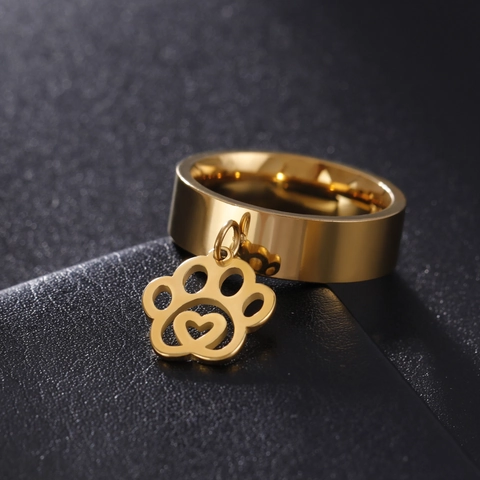 Mode Roestvrij Staal Pootafdruk Hart Hanger Ring Goud Zilver Minimalistisch Huisdier Liefhebber Paar Vingerring Sieraden Cadeau