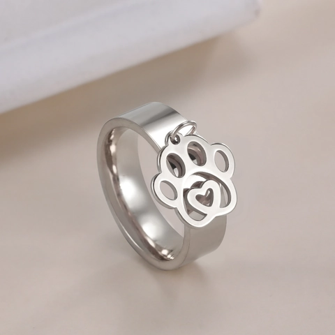 Minimalist Stainless Steel Paw Print Ring For Women Gold Silver Plated Heart Hollow Dangling Pendant Animal Jewelry Gift