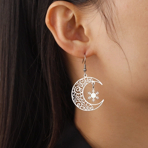 Bohemian Stainless Steel Hollow Moon Snowflake Drop Earrings For Women Electroplated Geometric Winter Jewelry Accessories Gift
