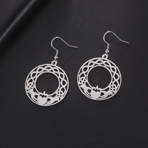 Pendientes Colgantes de Acero Inoxidable Claddagh Nudo Celta Redondos Calados para Mujer Vintage Corazón Corona Mano Joyería