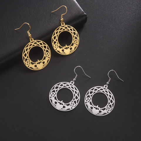 Pendientes Colgantes de Acero Inoxidable Claddagh Nudo Celta Redondos Calados para Mujer Vintage Corazón Corona Mano Joyería