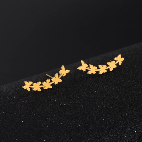 Stainless Steel Butterfly Ear Crawler Stud Earrings For Women Korean Style Five Butterfly Design Sweet Minimalist Jewelry Gift