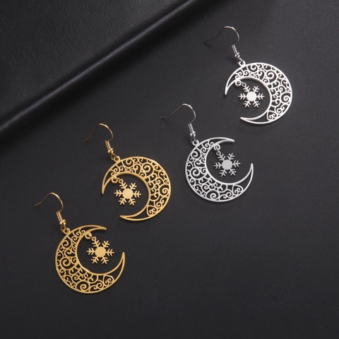 Bohemian Stainless Steel Hollow Moon Snowflake Drop Earrings For Women Electroplated Geometric Winter Jewelry Accessories Gift