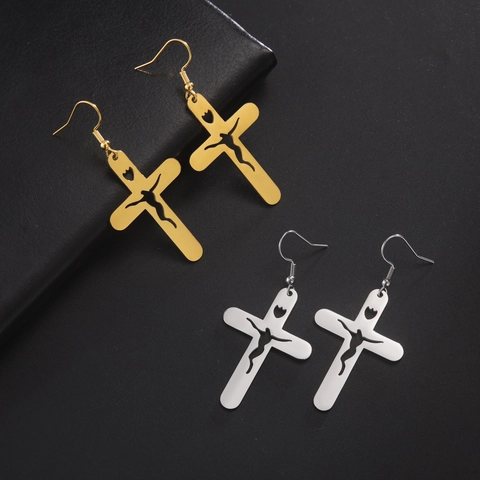 Pendientes Colgantes de Cruz de Acero Inoxidable para Mujer Silueta de Crucifijo de Jesús Pendientes de Gancho Hip Hop Joyería Religiosa