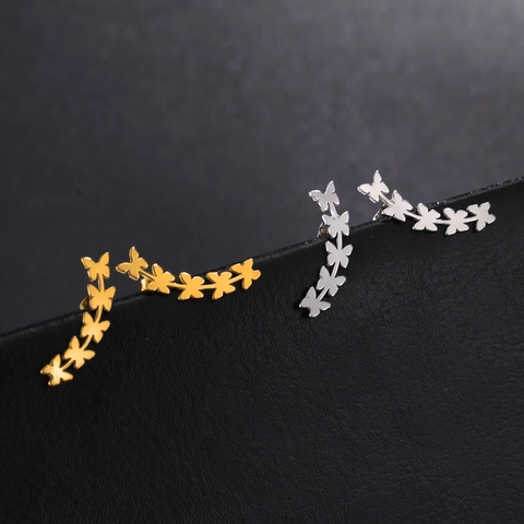 Stainless Steel Butterfly Ear Crawler Stud Earrings For Women Korean Style Five Butterfly Design Sweet Minimalist Jewelry Gift