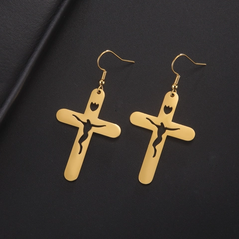 Pendientes Colgantes de Cruz de Acero Inoxidable para Mujer Silueta de Crucifijo de Jesús Pendientes de Gancho Hip Hop Joyería Religiosa