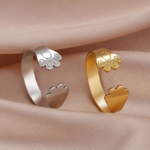 Adjustable Stainless Steel Animal Paw Print Open Ring For Women Minimalist Cat Dog Footprint Fashion Finger Jewelry Gift