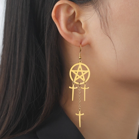 Boucles d'Oreilles Pendantes Gothiques Acier Inoxydable Pentagramme Croix Gland Femme Bijoux Punk Or Couleur Acier