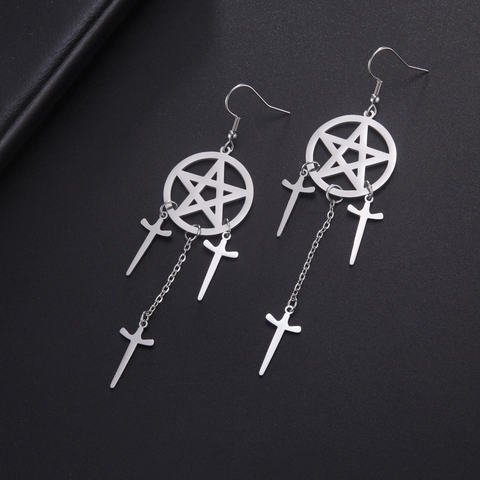 Boucles d'Oreilles Pendantes Gothiques Acier Inoxydable Pentagramme Croix Gland Femme Bijoux Punk Or Couleur Acier