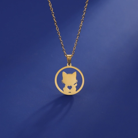 Cute Hollow Heart Kitten Pendant Necklace Stainless Steel Minimalist Animal Clavicle Chain Fashion Women Jewelry Gift