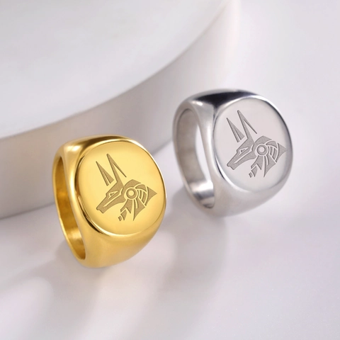 Men Retro Ancient Egyptian Anubis Stainless Steel Signet Ring Domineering Hip Hop Punk Wolf Head Biker Finger Ring Jewelry