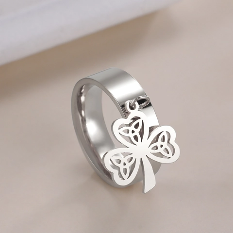 Stainless Steel Clover Pendant Ring With Celtic Knot Hollow Out Wide Band Lucky Shamrock Jewelry For Women